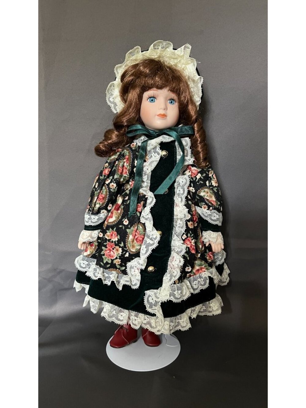 Vintage Porcelain Doll In Victorian Floral Dress With Lace Trim & Green Velvet A
